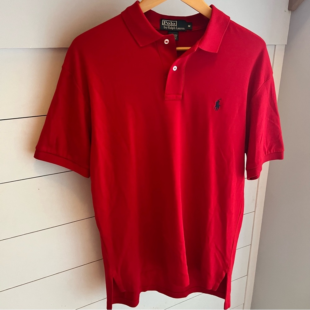 Polo Ralph Lauren Men’s Classic Red Polo Shirt Size Medium Cotton Knit Navy Pony
